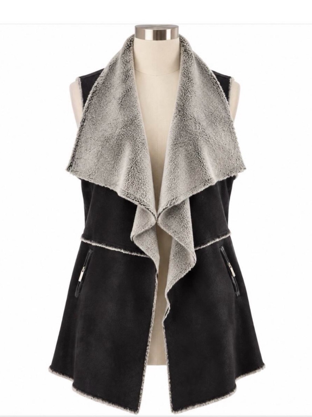 Jones New York Black Faux-Suede Vest with Gray Sherpa Collar